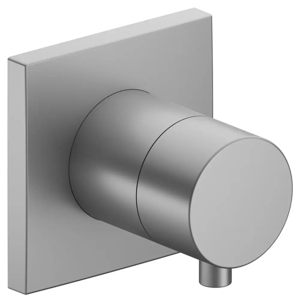 3-Wege Umstellventil von Keuco mit eckigem Design und Aluminium-Finish, montiert an einer Wand. Das Produkt hat eine runde Betätigung.
